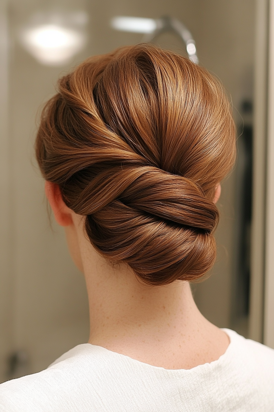 2. Twisted French Roll in Dark Chestnut (Updo Hairstyles For Women Over 40) - Updo Hairstyles For Women Over 40