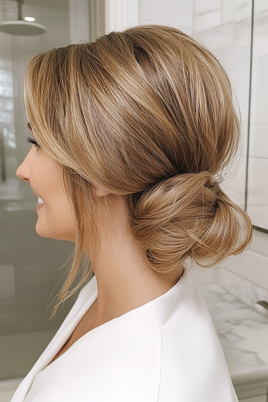 4. Low Bun with Wispy Layers in Light Golden Brown (Updo Hairstyles For Women Over 40) - Updo Hairstyles For Women Over 40