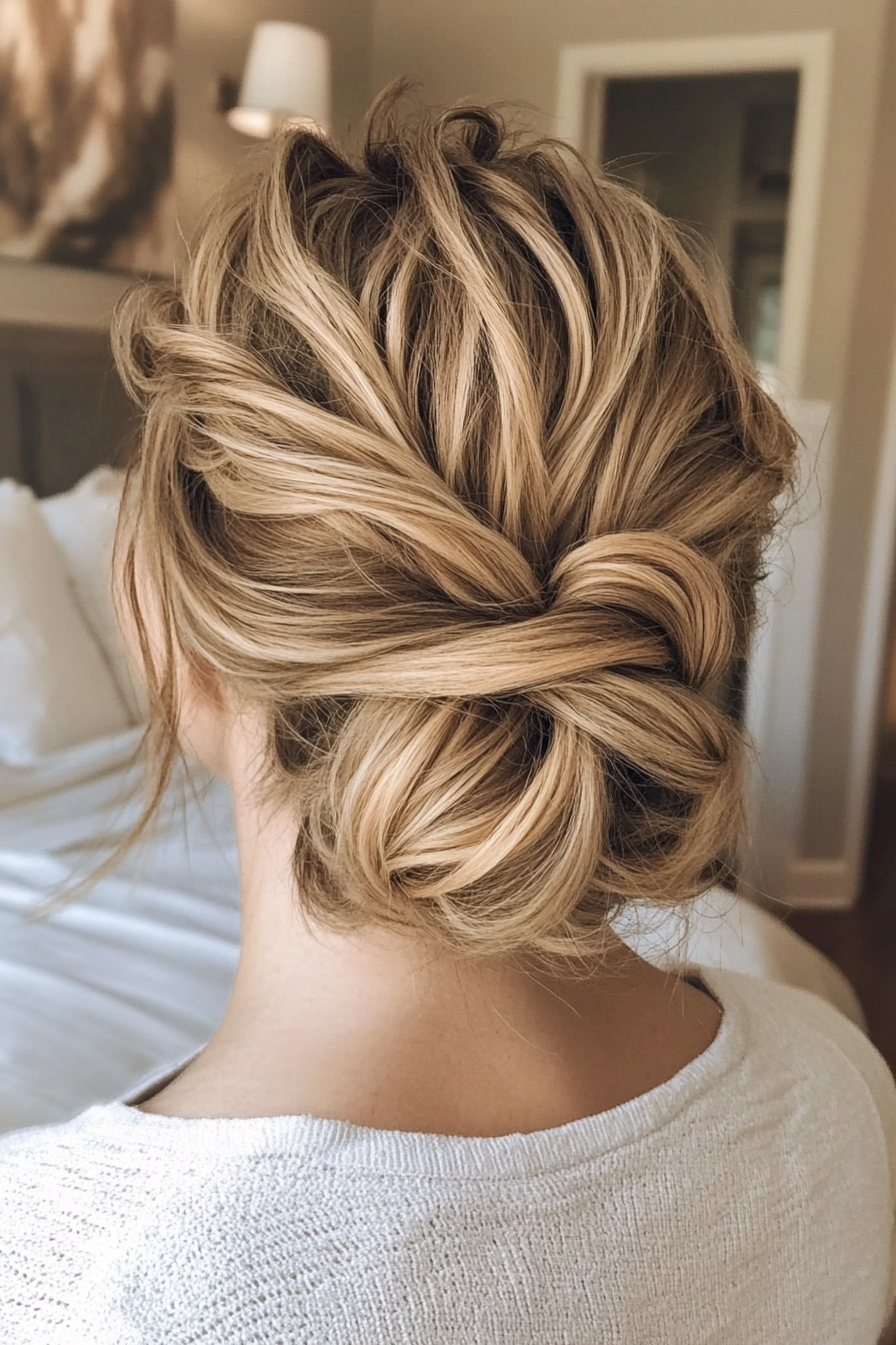 5. Layered Messy Bun in Sandy Blonde (Updo Hairstyles For Women Over 40) - Updo Hairstyles For Women Over 40