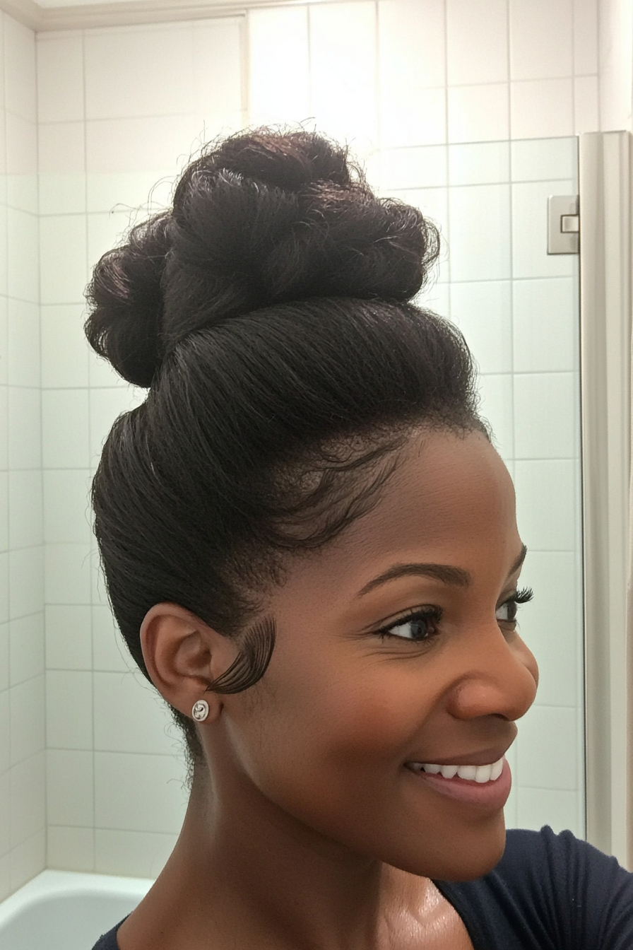 14. Crown Pouf Updo in Natural Black (Updo Hairstyles For Women Over 40) - Updo Hairstyles For Women Over 40