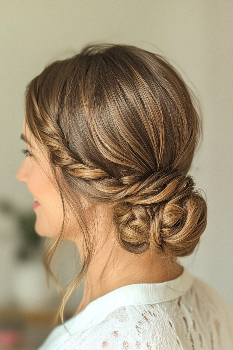 15. Braided Side Updo in Light Ash Brown (Updo Hairstyles For Women Over 40) - Updo Hairstyles For Women Over 40