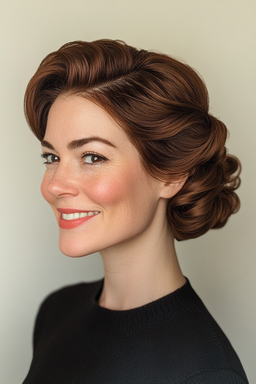 16. Rolled Vintage Updo in Dark Mahogany (Updo Hairstyles For Women Over 40) - Updo Hairstyles For Women Over 40