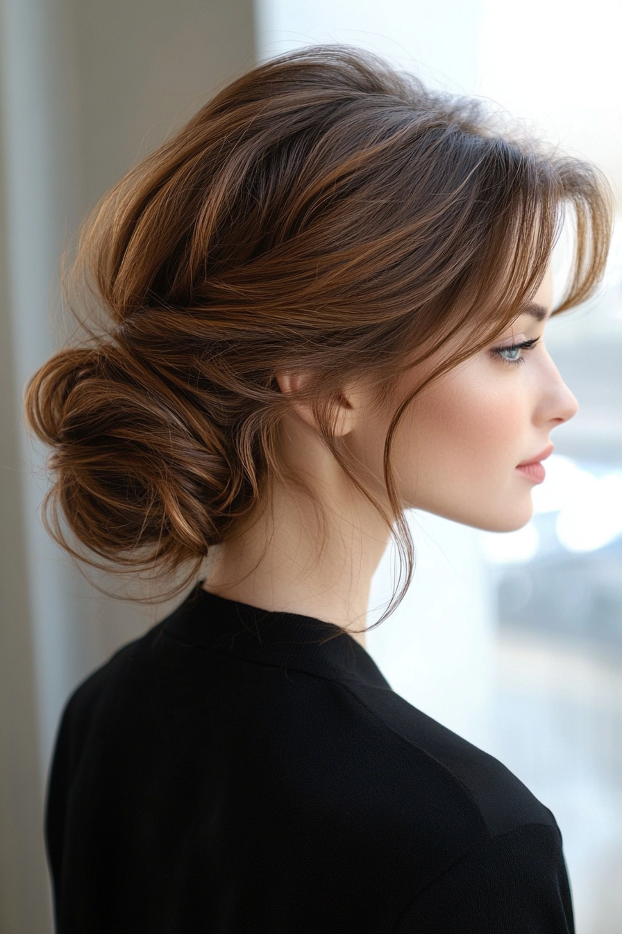 17. Soft Twist Bun in Warm Chestnut (Updo Hairstyles For Women Over 40) - Updo Hairstyles For Women Over 40
