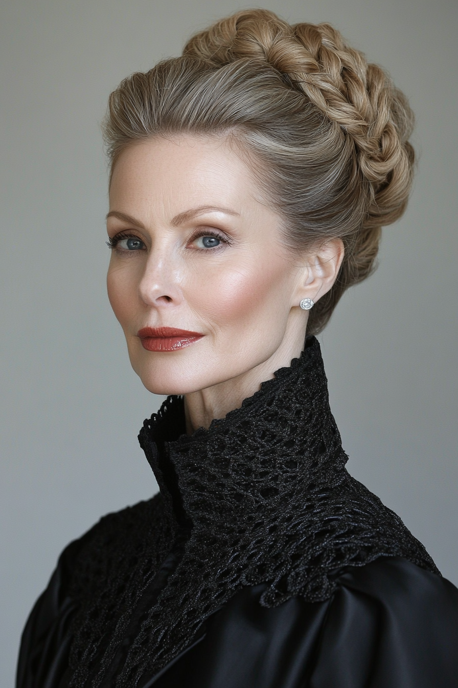 18. Braided Bun with Volume in Medium Ash Brown (Updo Hairstyles For Women Over 40) - Updo Hairstyles For Women Over 40