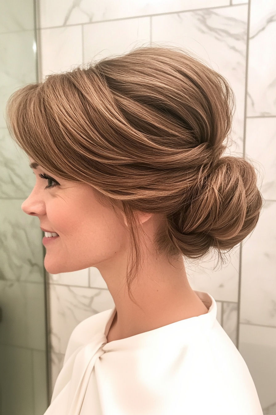 19. Elegant Bun with Curtain Bangs in Light Brown (Updo Hairstyles For Women Over 40) - Updo Hairstyles For Women Over 40
