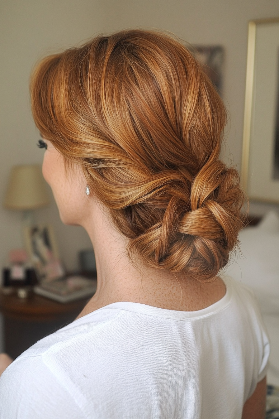 20. Low Twisted Chignon in Golden Chestnut (Updo Hairstyles For Women Over 40) - Updo Hairstyles For Women Over 40