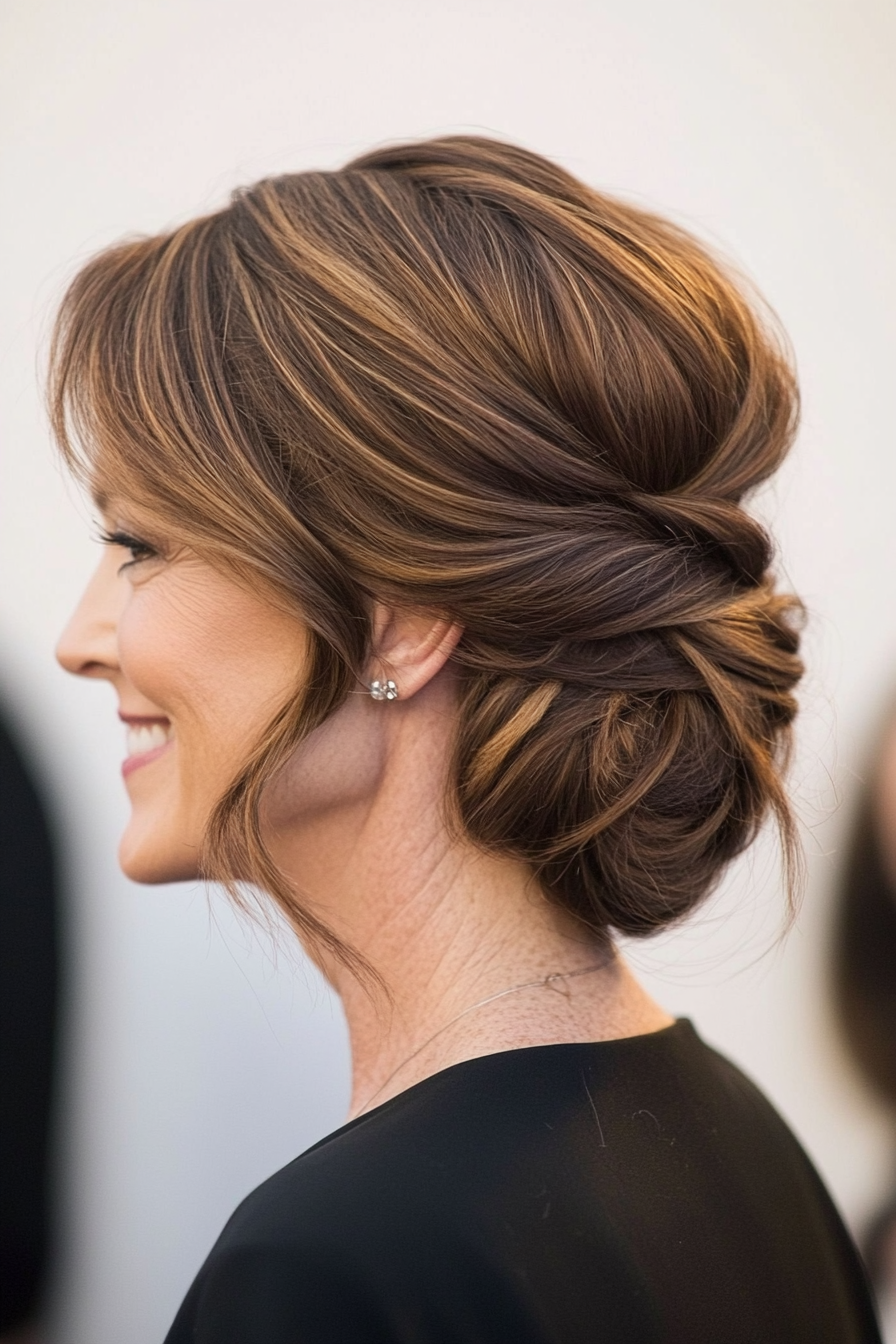 21. Side-Swept Updo in Soft Mocha (Updo Hairstyles For Women Over 40) - Updo Hairstyles For Women Over 40