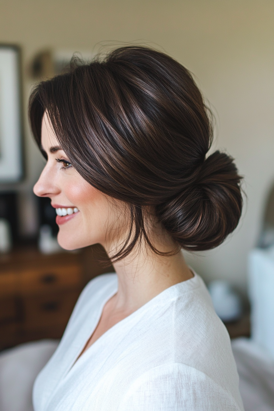 23. Structured Bun with Face Layers in Deep Brown (Updo Hairstyles For Women Over 40) - Updo Hairstyles For Women Over 40