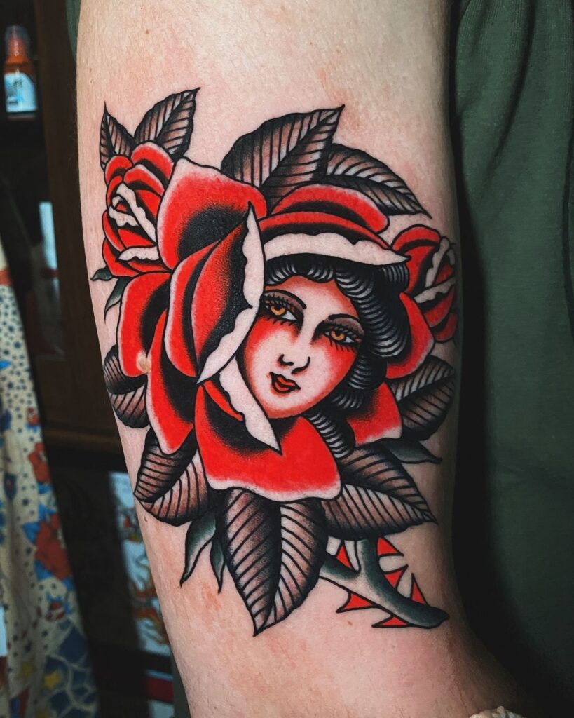 Rose And Woman Traditional Ink