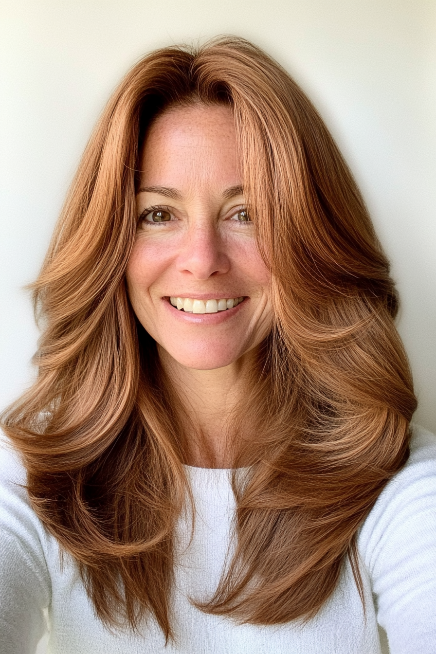 1. Soft Feathered Layers in Warm Chestnut Brown (Long Hairstyles For Women Over 50 With Thin Hair) - Long Hairstyles For Women Over 50 With Thin Hair