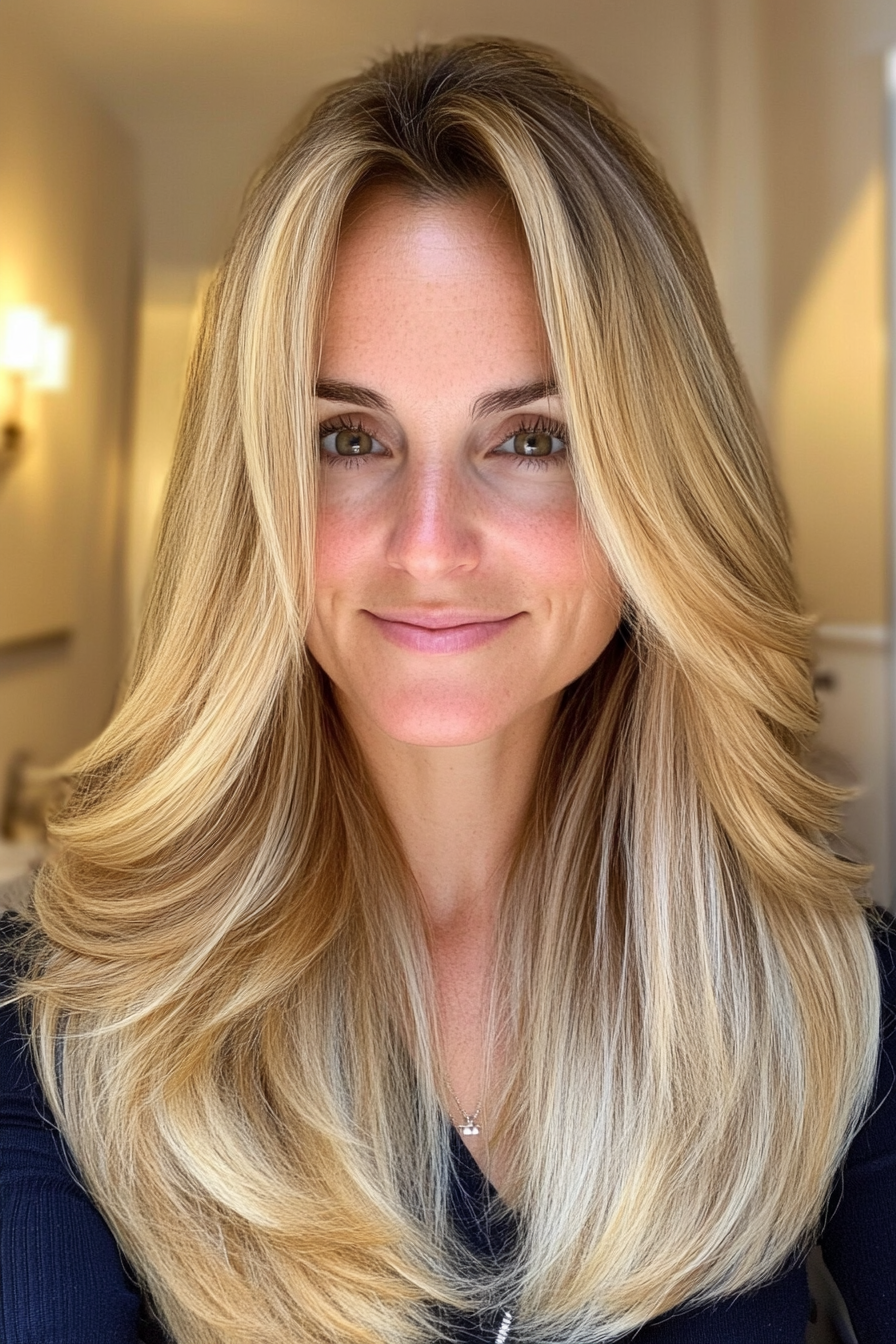 2. Long Layered Cut with Honey Blonde Highlights (Long Hairstyles For Women Over 50 With Thin Hair) - Long Hairstyles For Women Over 50 With Thin Hair