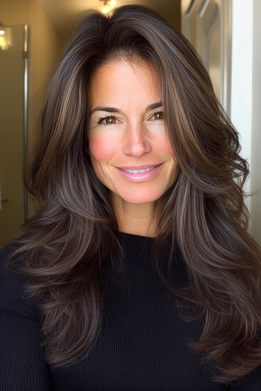 4. Flowy Curtain Layers in Deep Brunette (Long Hairstyles For Women Over 50 With Thin Hair) - Long Hairstyles For Women Over 50 With Thin Hair