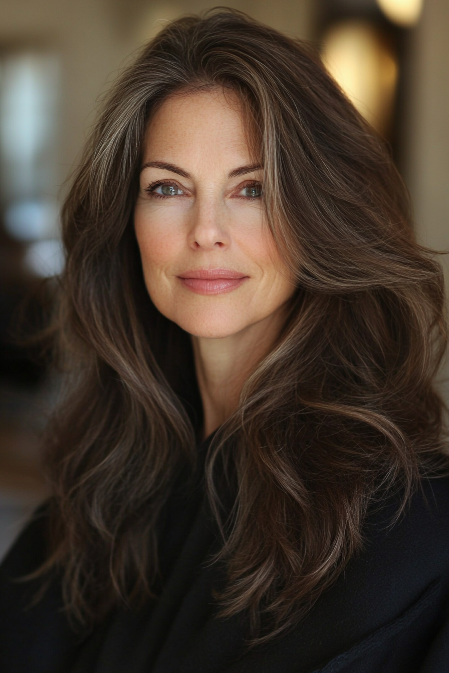 8. Face-Framing Layers in Dark Chocolate Brown (Long Hairstyles For Women Over 50 With Thin Hair) - Long Hairstyles For Women Over 50 With Thin Hair