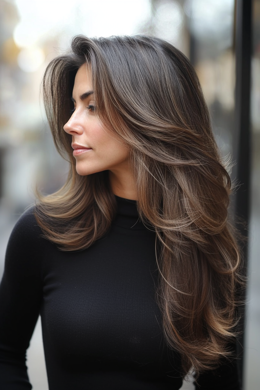 12. Layered Blowout with Soft Mocha (Long Hairstyles For Women Over 50 With Thin Hair) - Long Hairstyles For Women Over 50 With Thin Hair