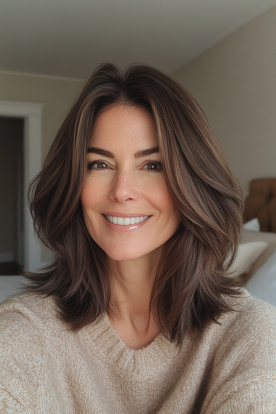 14. Layered Lob in Deep Mahogany (Long Hairstyles For Women Over 50 With Thin Hair) - Long Hairstyles For Women Over 50 With Thin Hair
