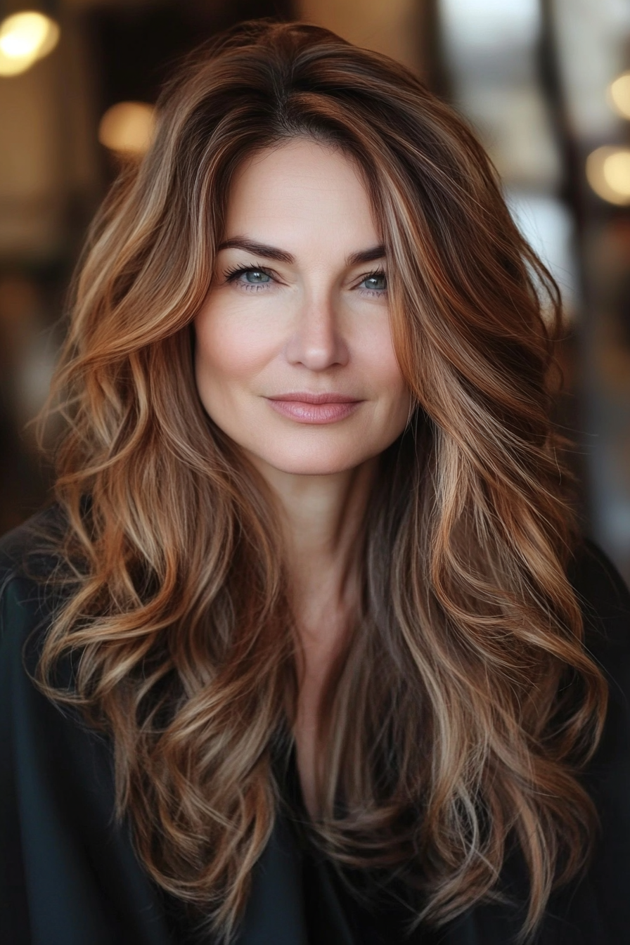 16. Romantic Waves with Soft Brown (Long Hairstyles For Women Over 50 With Thin Hair) - Long Hairstyles For Women Over 50 With Thin Hair