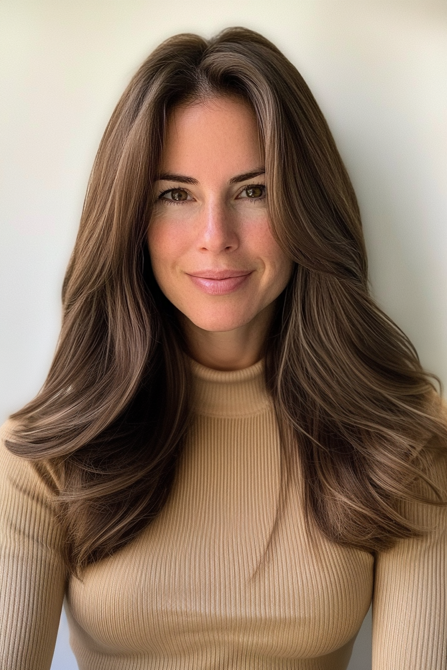 17. Long Cascading Layers in Espresso (Long Hairstyles For Women Over 50 With Thin Hair) - Long Hairstyles For Women Over 50 With Thin Hair