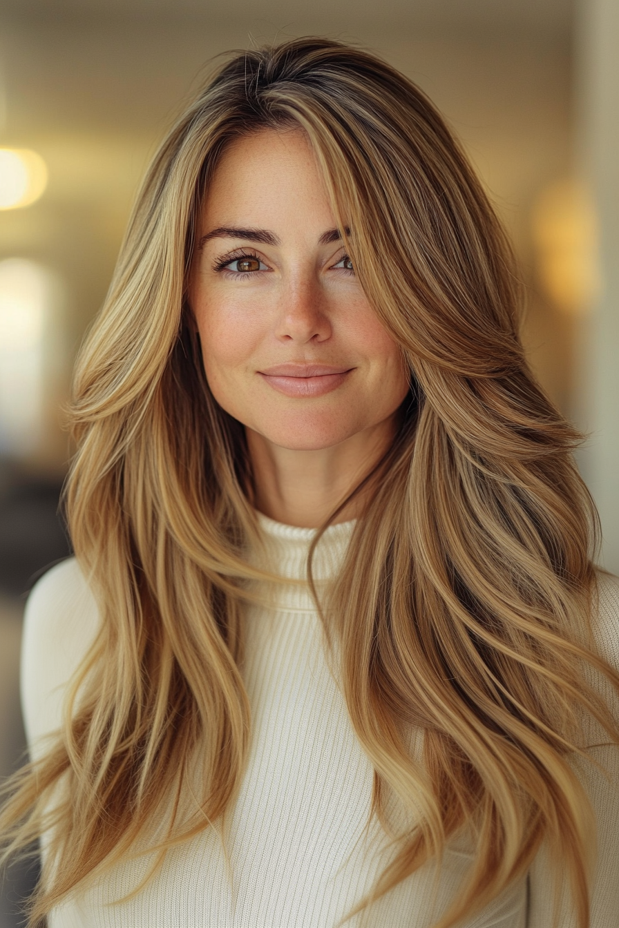 19. Blended Caramel Balayage Layers (Long Hairstyles For Women Over 50 With Thin Hair) - Long Hairstyles For Women Over 50 With Thin Hair