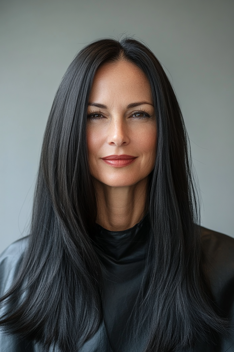 21. Sleek Straight Layers in Jet Black (Long Hairstyles For Women Over 50 With Thin Hair) - Long Hairstyles For Women Over 50 With Thin Hair