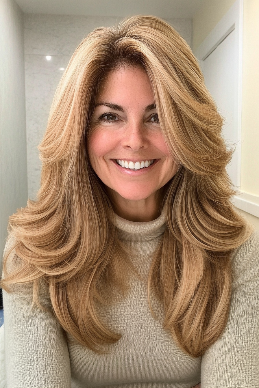 22. Voluminous Blow-Dried Layers in Light Chestnut (Long Hairstyles For Women Over 50 With Thin Hair) - Long Hairstyles For Women Over 50 With Thin Hair