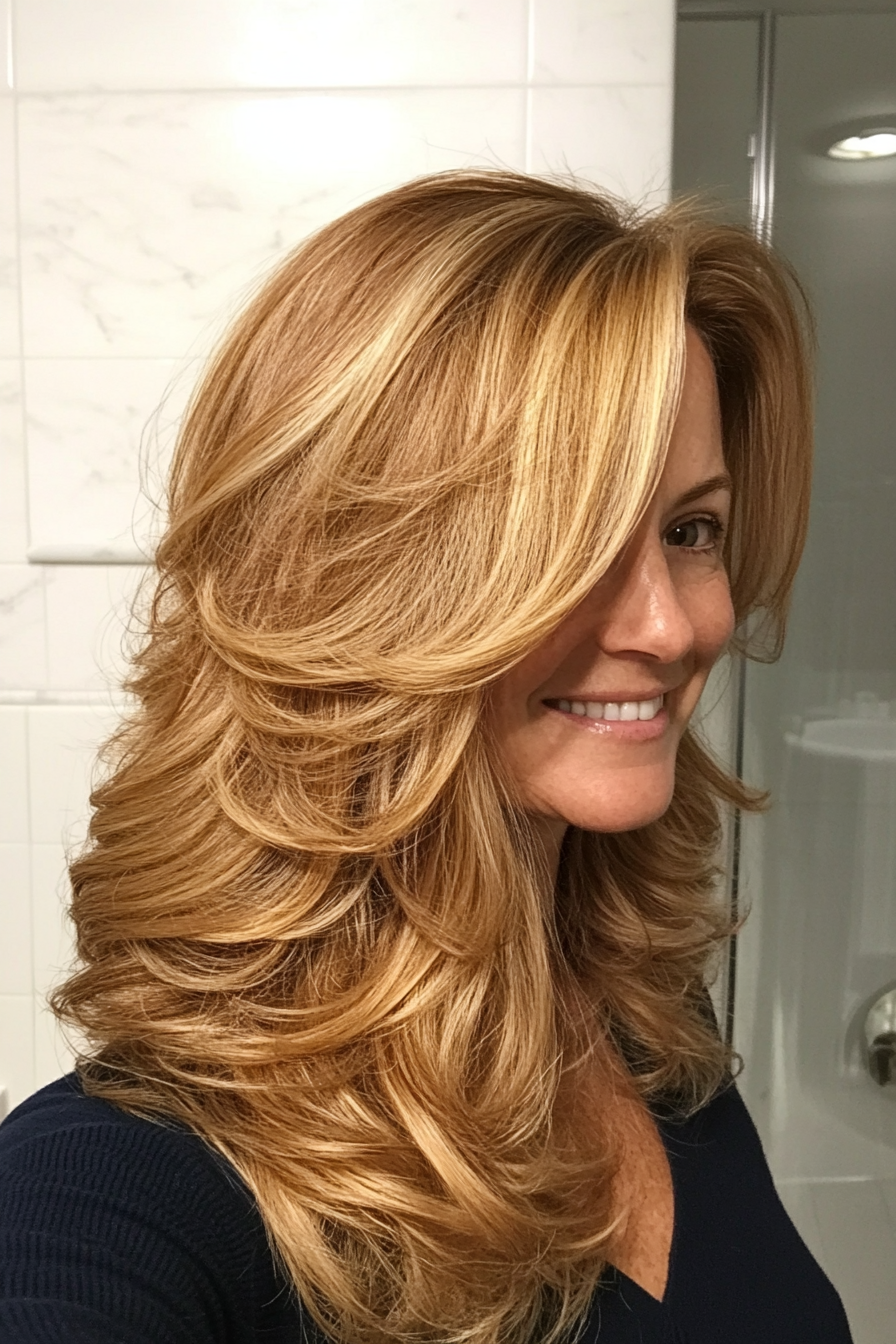 23. Layered Curls with Golden Blonde (Long Hairstyles For Women Over 50 With Thin Hair) - Long Hairstyles For Women Over 50 With Thin Hair