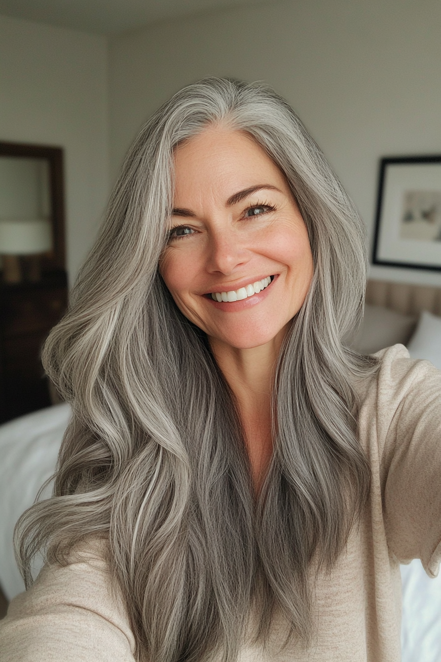 24. Side-Parted Long Layers in Natural Grey (Long Hairstyles For Women Over 50 With Thin Hair) - Long Hairstyles For Women Over 50 With Thin Hair