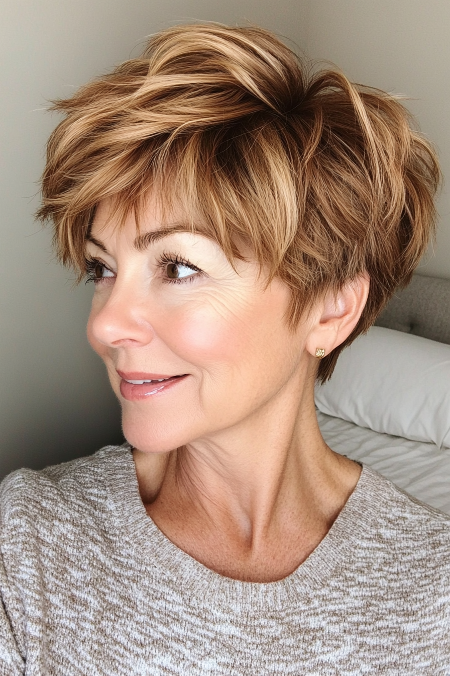 10. Sculpted Pixie in Honey Brown (Short Messy Haircuts For Women Over 60) - Short Messy Haircuts For Women Over 60