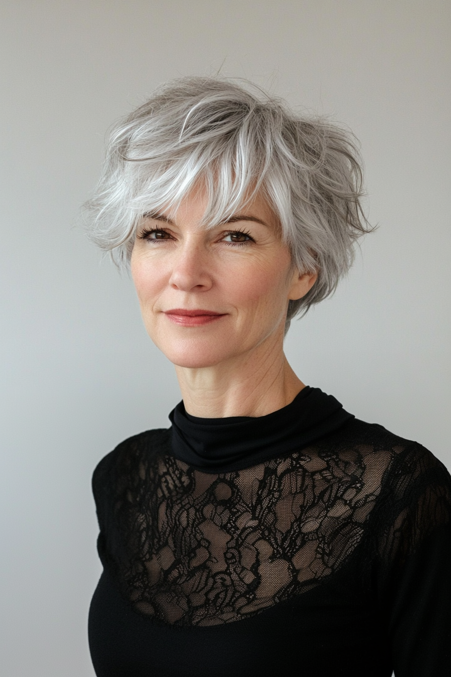 15. Textured Bowl Cut in Platinum Grey (Short Messy Haircuts For Women Over 60) - Short Messy Haircuts For Women Over 60