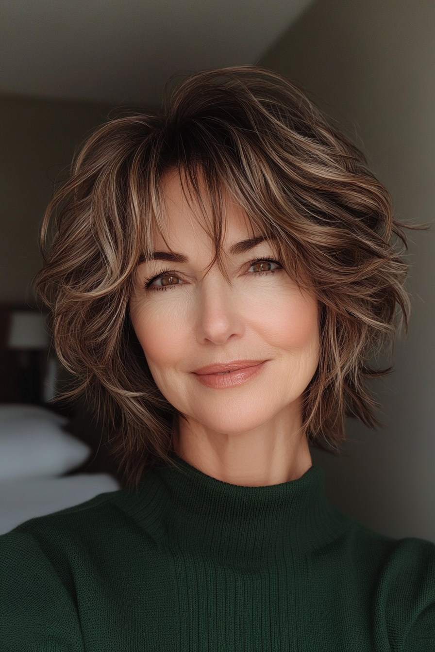19. Short Shaggy Layers in Warm Brown (Short Messy Haircuts For Women Over 60) - Short Messy Haircuts For Women Over 60