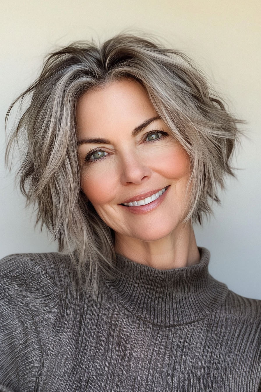 23. Messy Angled Bob in Cool Taupe (Short Messy Haircuts For Women Over 60) - Short Messy Haircuts For Women Over 60