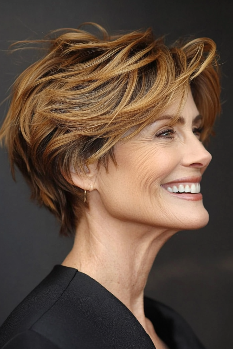 24. Side-Swept Crop in Golden Brown (Short Messy Haircuts For Women Over 60) - Short Messy Haircuts For Women Over 60