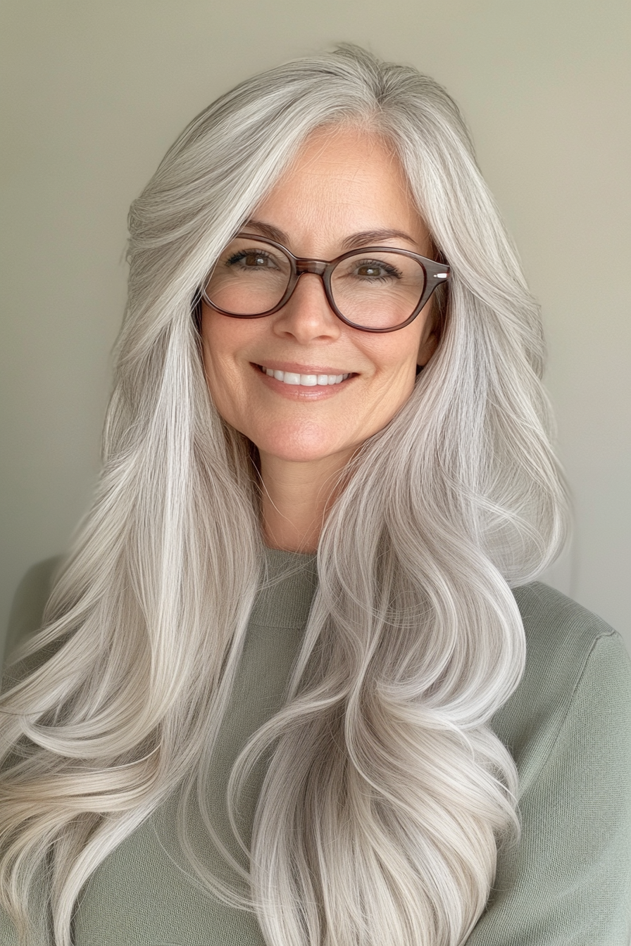 1. Silver Feathered Layers with Natural Gray Shine (Long Hairstyles For Women Over 60 With Glasses) - Long Hairstyles For Women Over 60 With Glasses