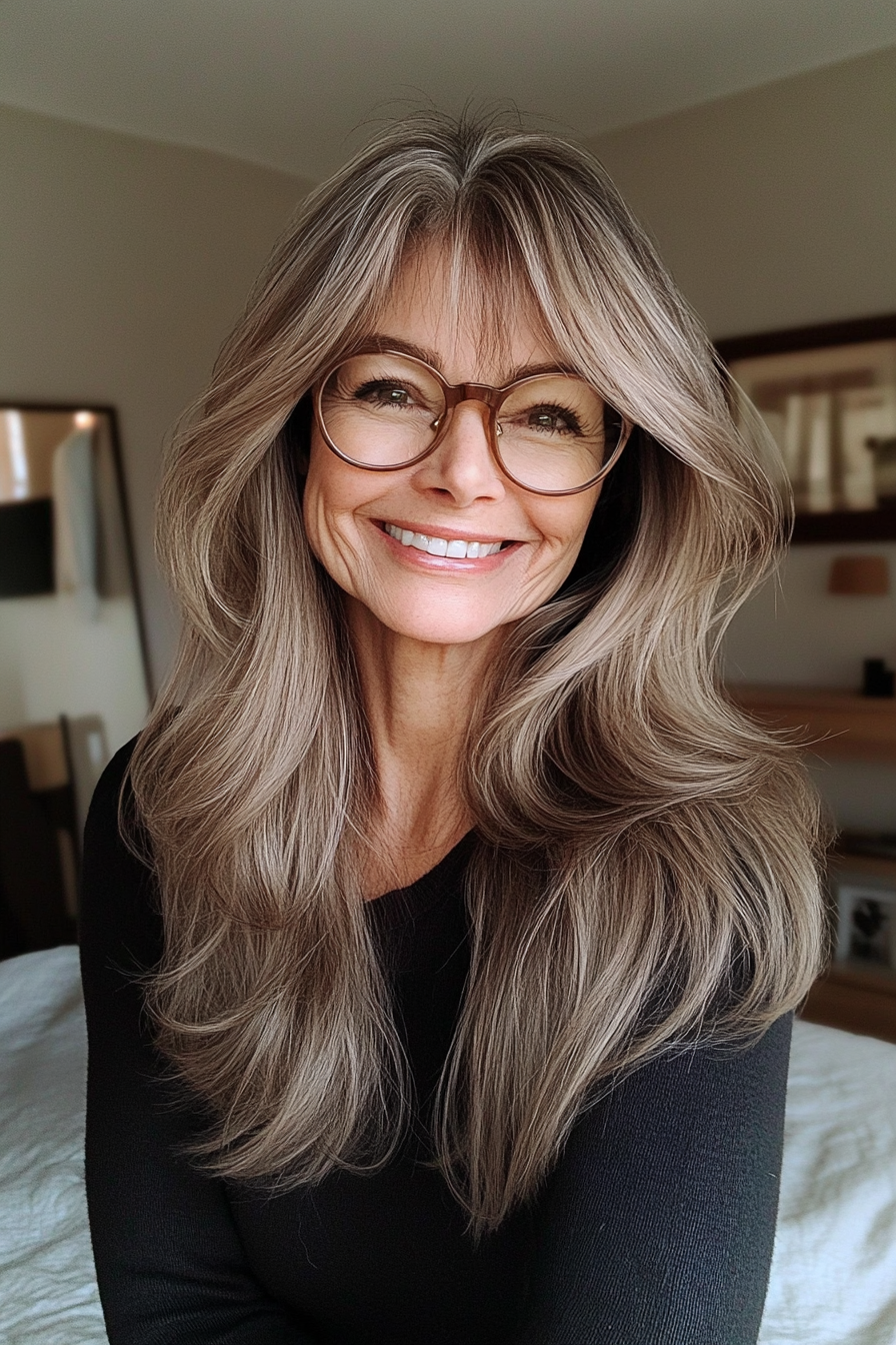 3. Ash Brown Wispy Layers with Side Sweep (Long Hairstyles For Women Over 60 With Glasses) - Long Hairstyles For Women Over 60 With Glasses