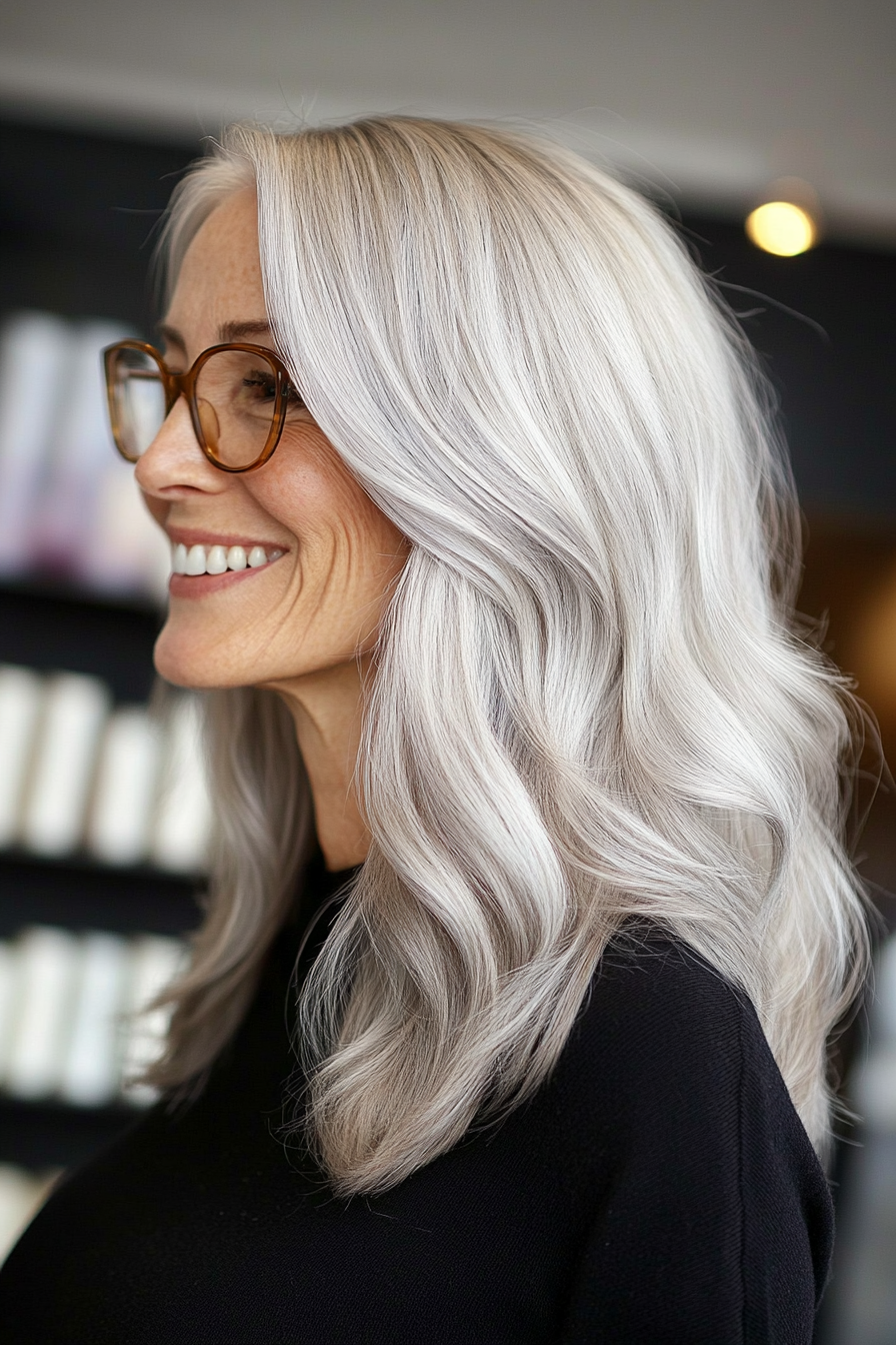 5. Classic Silver Long Bob with Soft Ends (Long Hairstyles For Women Over 60 With Glasses) - Long Hairstyles For Women Over 60 With Glasses