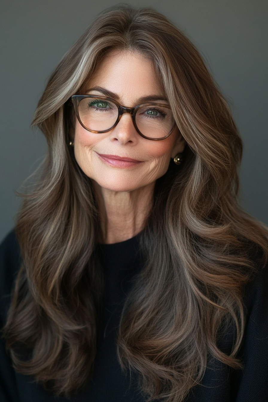 6. Deep Brunette Voluminous Layers with Face-Framing Strands (Long Hairstyles For Women Over 60 With Glasses) - Long Hairstyles For Women Over 60 With Glasses