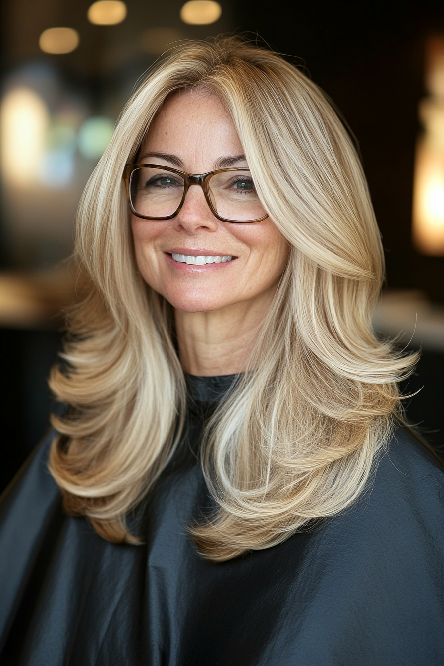 7. Golden Blonde C-Shaped Layers with Middle Part (Long Hairstyles For Women Over 60 With Glasses) - Long Hairstyles For Women Over 60 With Glasses
