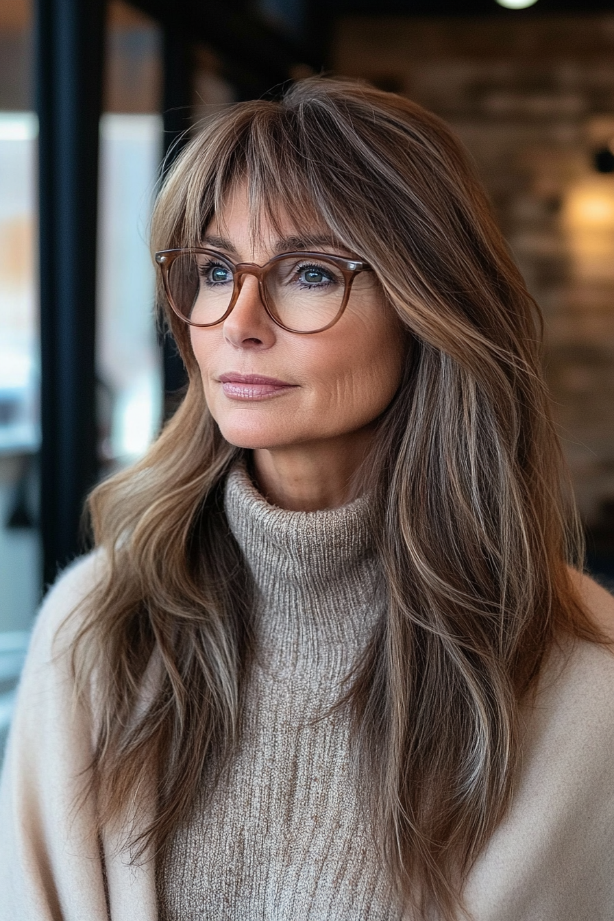 8. Light Brown Shag with Long Curtain Fringe (Long Hairstyles For Women Over 60 With Glasses) - Long Hairstyles For Women Over 60 With Glasses