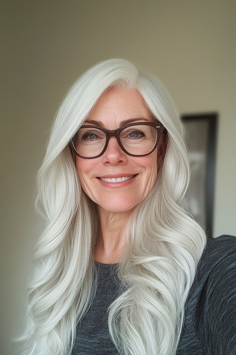 9. Icy White Long Waves with Tapered Ends (Long Hairstyles For Women Over 60 With Glasses) - Long Hairstyles For Women Over 60 With Glasses