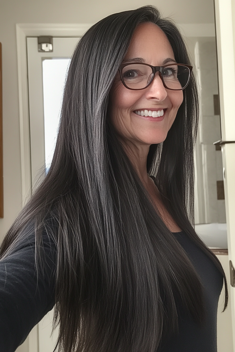 10. Natural Black Sleek Layers with Side Part (Long Hairstyles For Women Over 60 With Glasses) - Long Hairstyles For Women Over 60 With Glasses