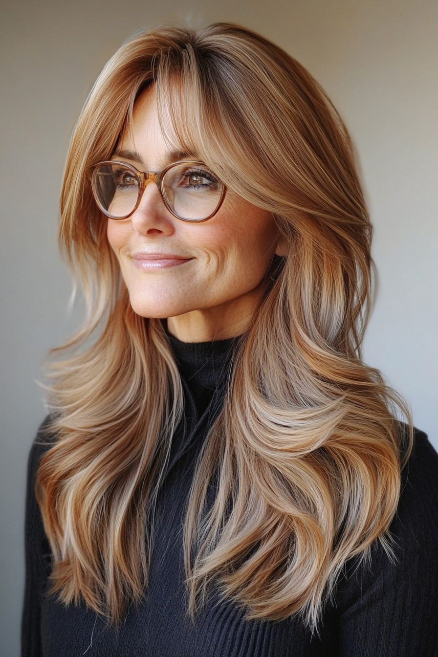 11. Caramel Balayage Soft Layers with Side Bangs (Long Hairstyles For Women Over 60 With Glasses) - Long Hairstyles For Women Over 60 With Glasses