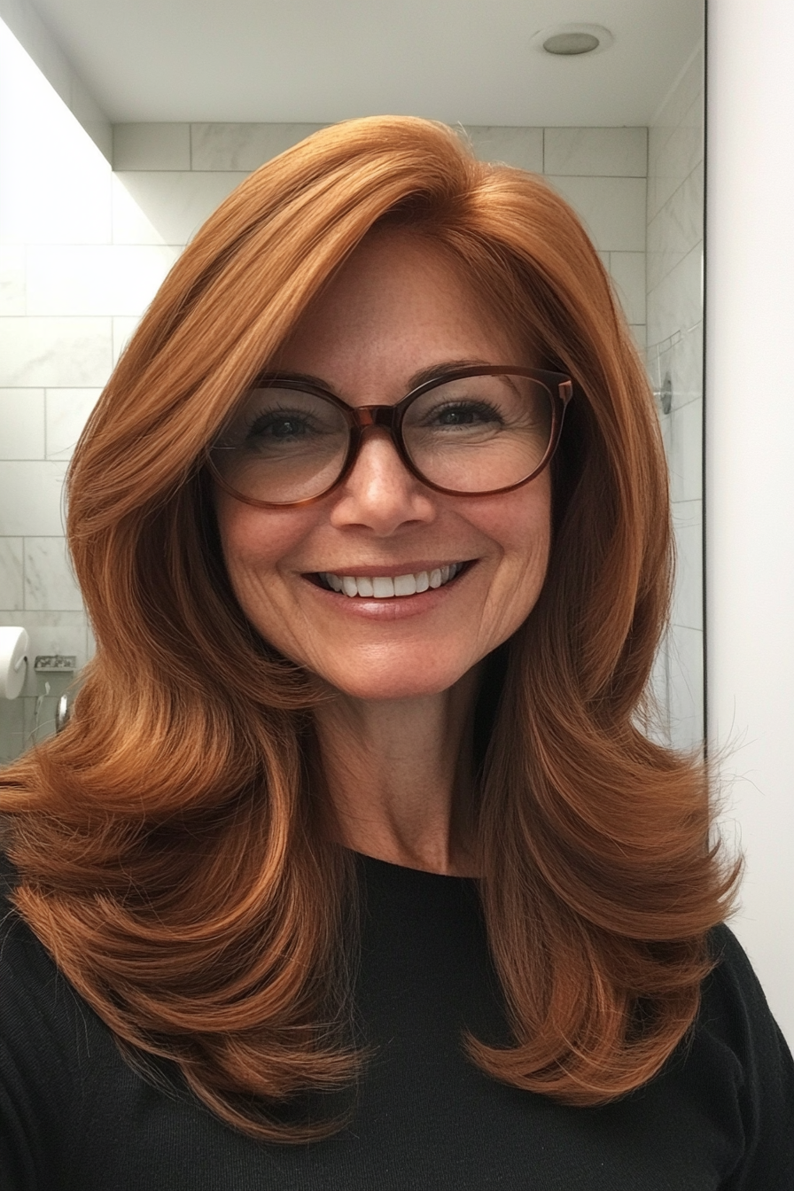 12. Medium Auburn Blowout Layers with Round Brush Finish (Long Hairstyles For Women Over 60 With Glasses) - Long Hairstyles For Women Over 60 With Glasses