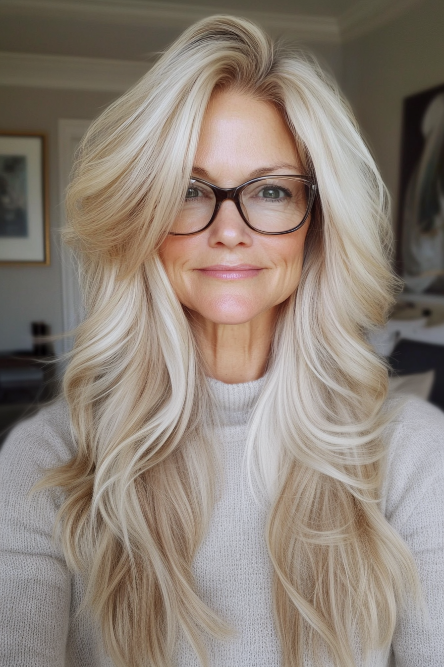 13. Champagne Blonde Tousled Layers with Subtle Volume (Long Hairstyles For Women Over 60 With Glasses) - Long Hairstyles For Women Over 60 With Glasses