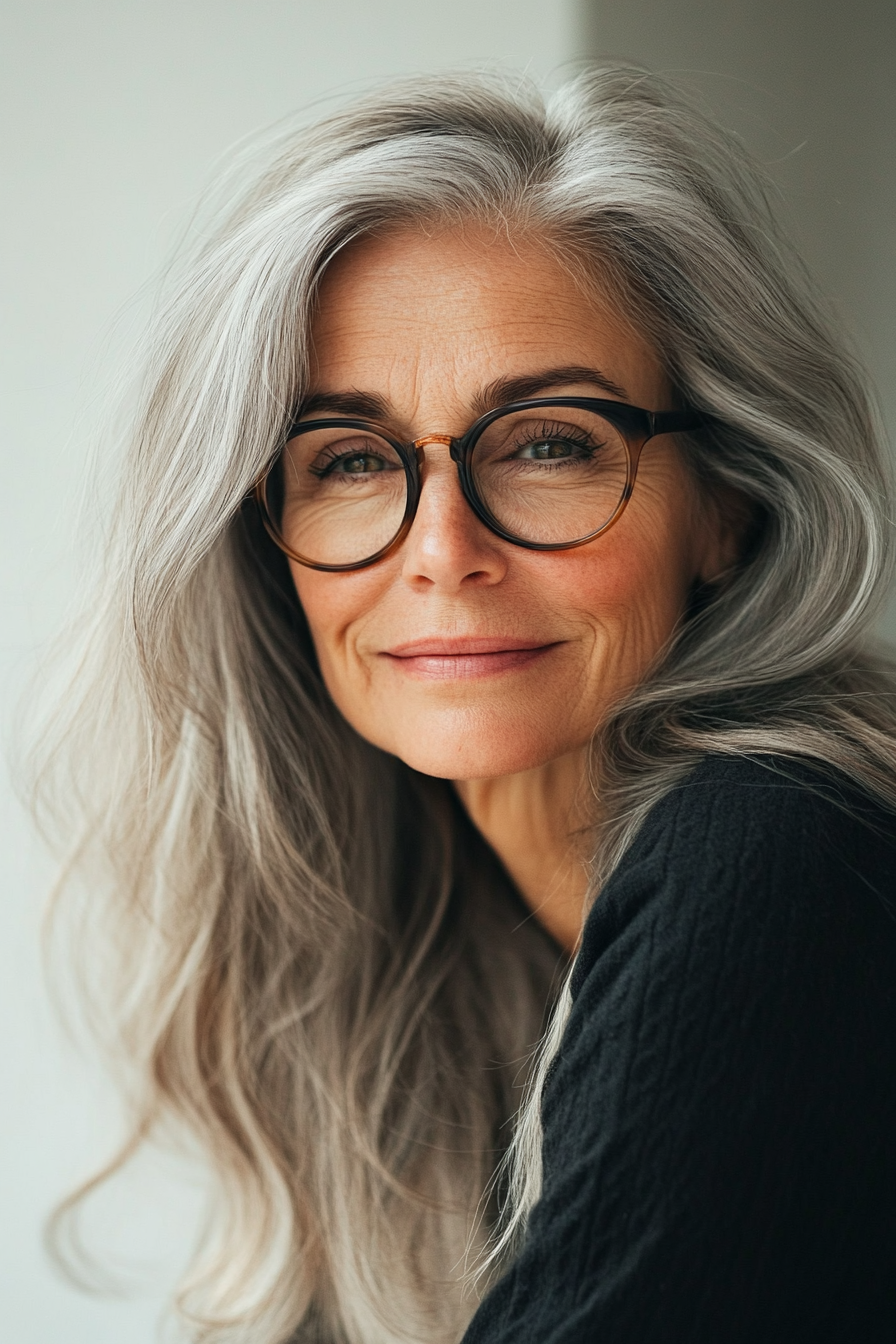 14. Salt-and-Pepper Swoopy Layers with Tucked Ends (Long Hairstyles For Women Over 60 With Glasses) - Long Hairstyles For Women Over 60 With Glasses