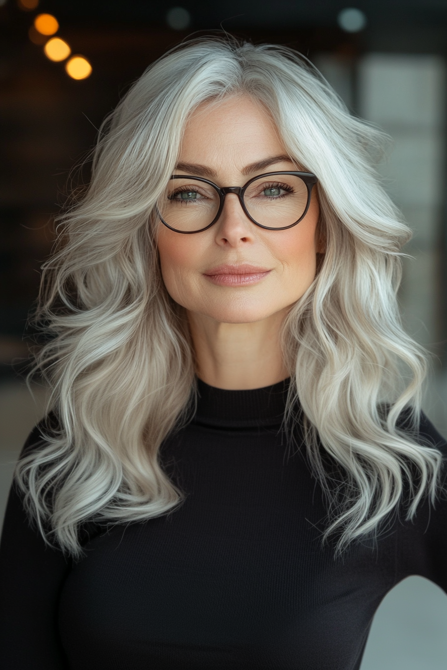 16. Silver Blonde Romantic Curls with Layered Crown (Long Hairstyles For Women Over 60 With Glasses) - Long Hairstyles For Women Over 60 With Glasses