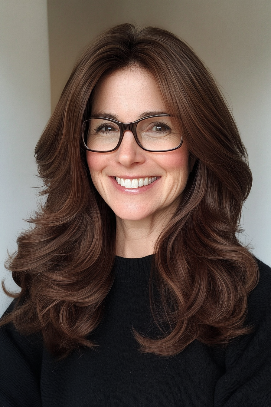 17. Dark Chestnut Layered Waves with Sweeping Fringe (Long Hairstyles For Women Over 60 With Glasses) - Long Hairstyles For Women Over 60 With Glasses