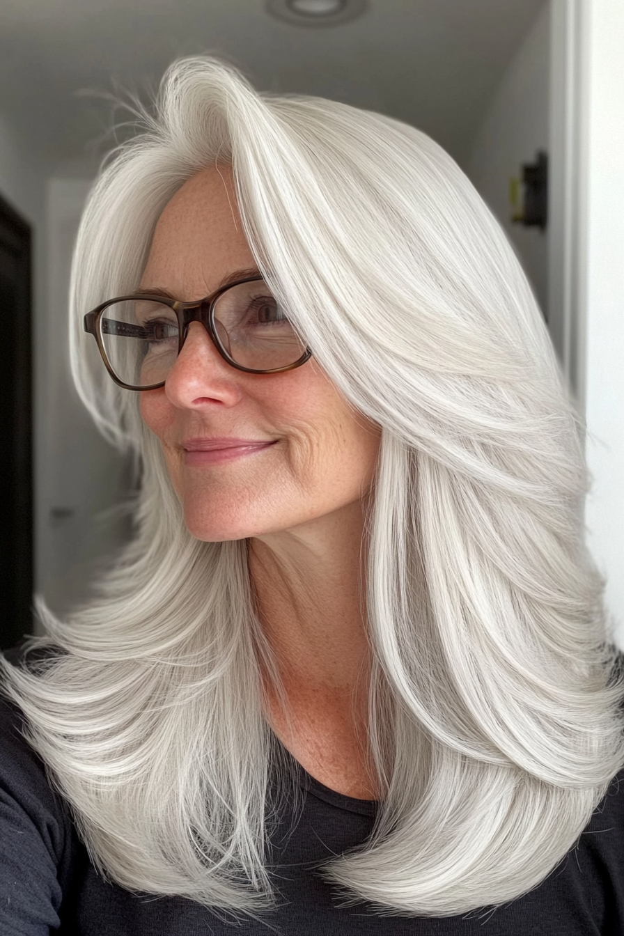 18. Natural White Soft Blowout Layers with Side Volume (Long Hairstyles For Women Over 60 With Glasses) - Long Hairstyles For Women Over 60 With Glasses