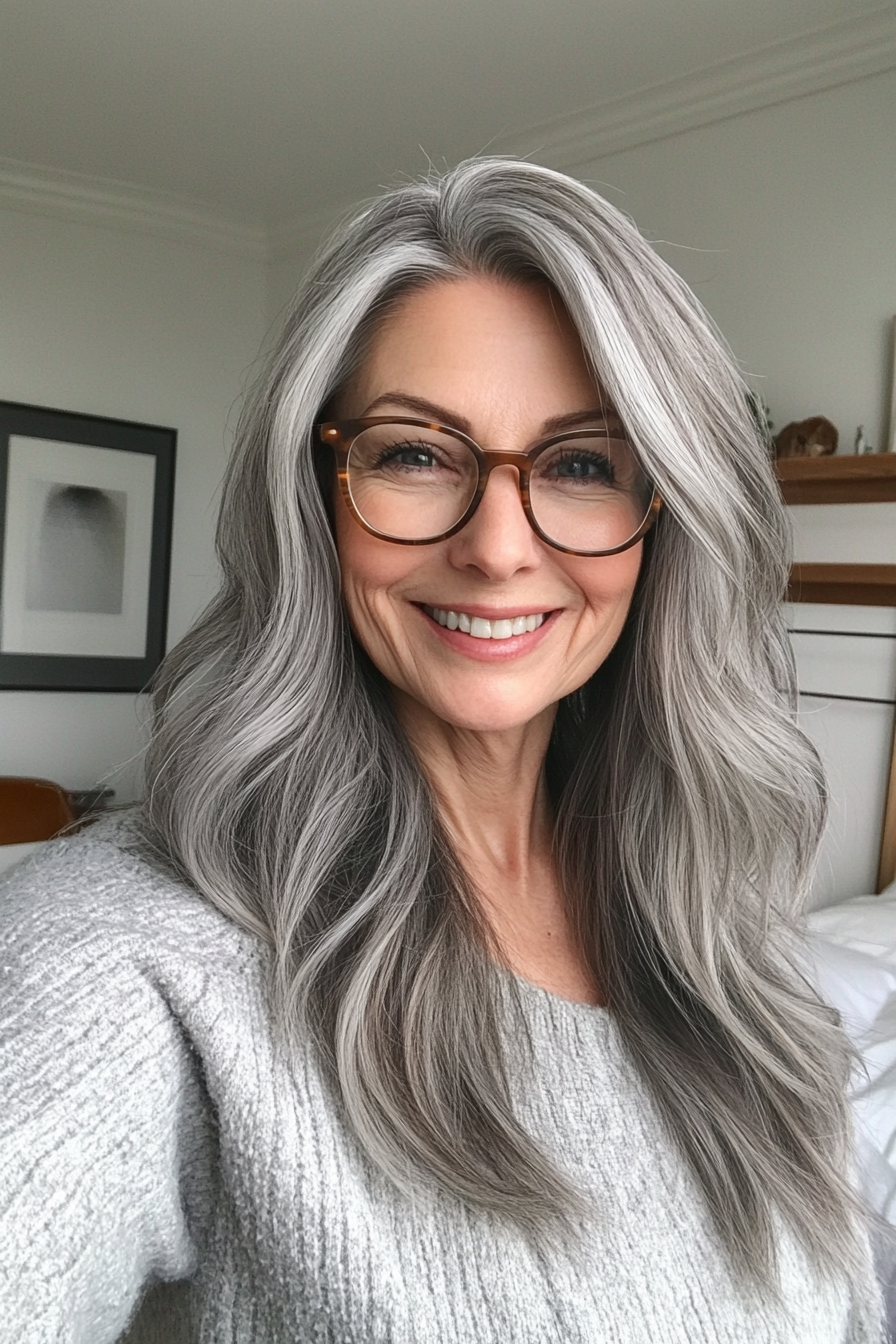 20. Cool Gray Textured Layers with Choppy Ends (Long Hairstyles For Women Over 60 With Glasses) - Long Hairstyles For Women Over 60 With Glasses