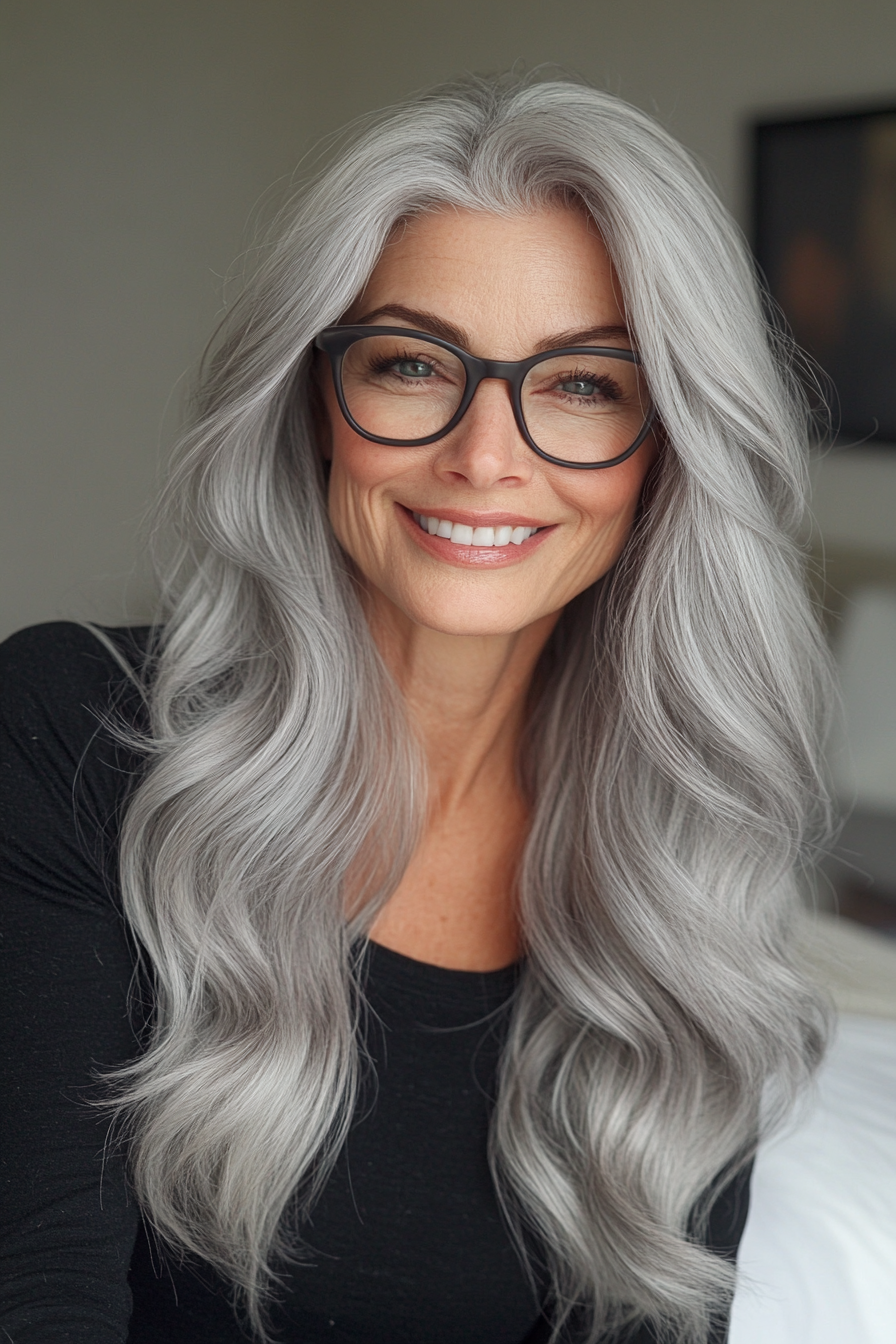 22. Platinum Gray Glam Waves with Side Sweep (Long Hairstyles For Women Over 60 With Glasses) - Long Hairstyles For Women Over 60 With Glasses