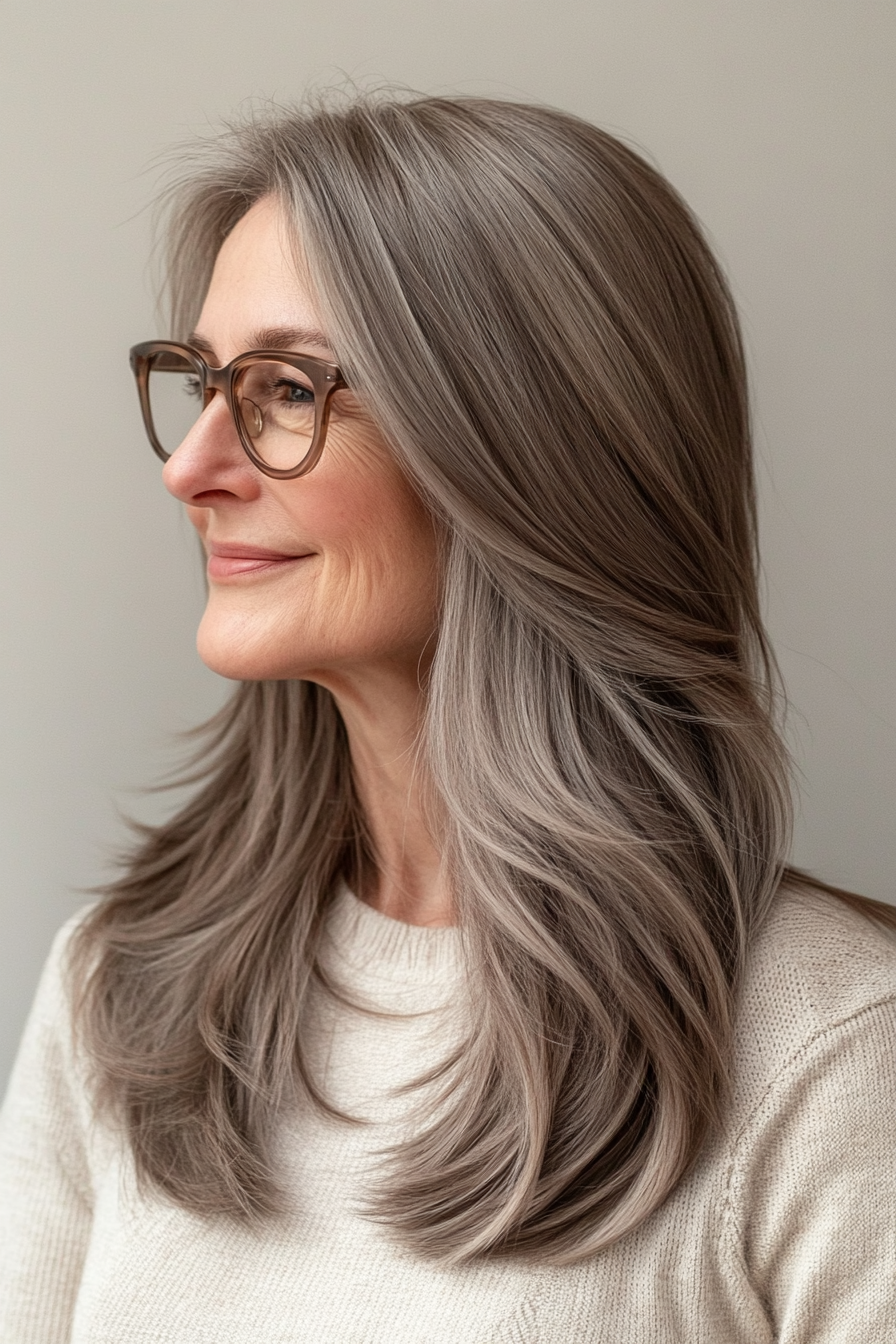 23. Light Ash Brown Sleek Layers with Tucked Front (Long Hairstyles For Women Over 60 With Glasses) - Long Hairstyles For Women Over 60 With Glasses