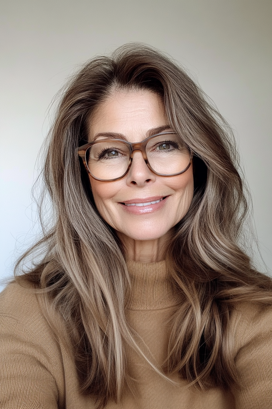 24. Soft Cocoa Loose Layers with Undone Texture (Long Hairstyles For Women Over 60 With Glasses) - Long Hairstyles For Women Over 60 With Glasses